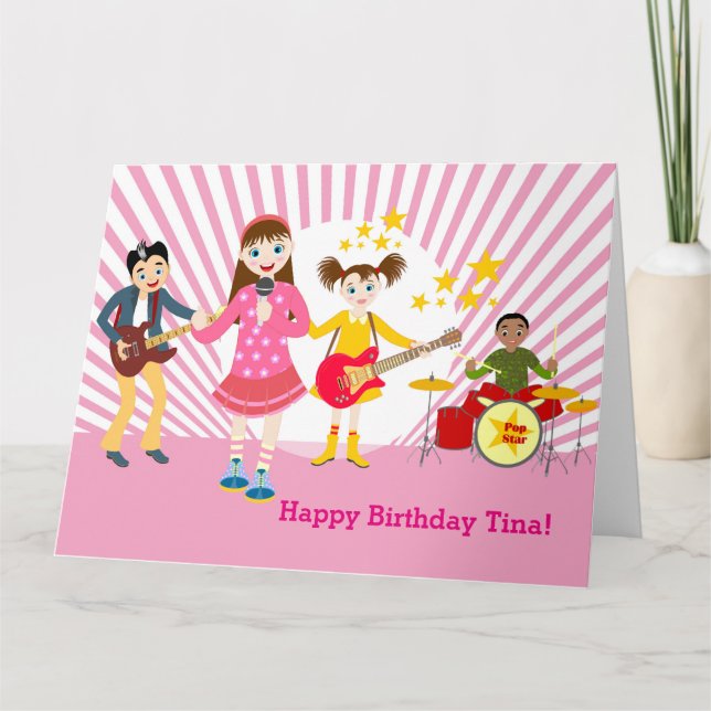 Tarjeta Fiesta de cumpleaños de la estrella pop chica (Anverso)