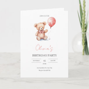Tarjeta Fiesta de cumpleaños de osito de peluche con acuar