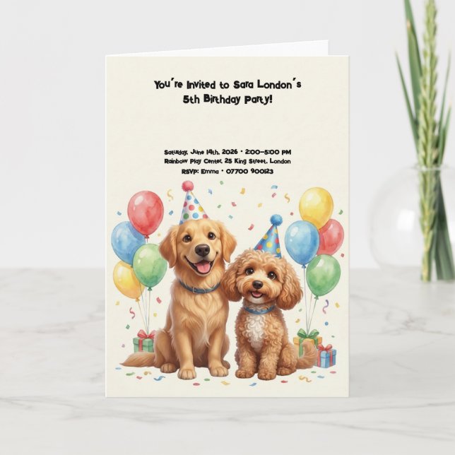 Tarjeta Fiesta de Cumpleaños de Perros Adorables (Anverso)