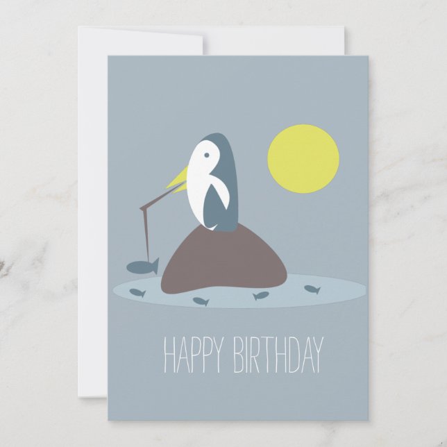 Tarjeta Fiesta de Cumpleaños de Pingüino Lindo Pescando (Anverso)