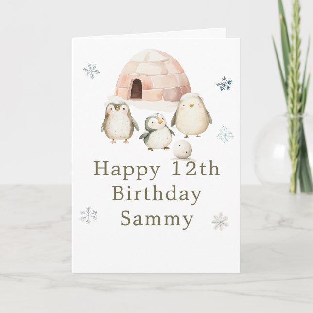 Tarjeta Fiesta de Cumpleaños de Pingüinos Adorables de Inv (Anverso)