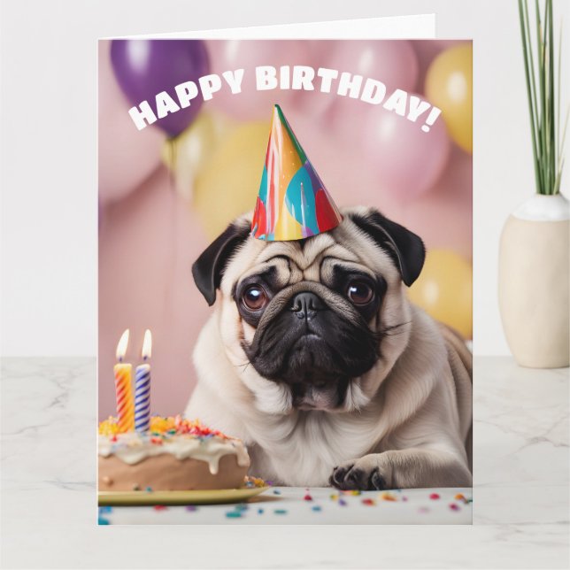 Tarjeta Fiesta de cumpleaños de Pug (Anverso)