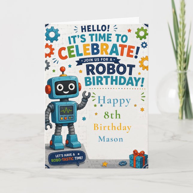 Tarjeta Fiesta de Cumpleaños de Robot (Anverso)