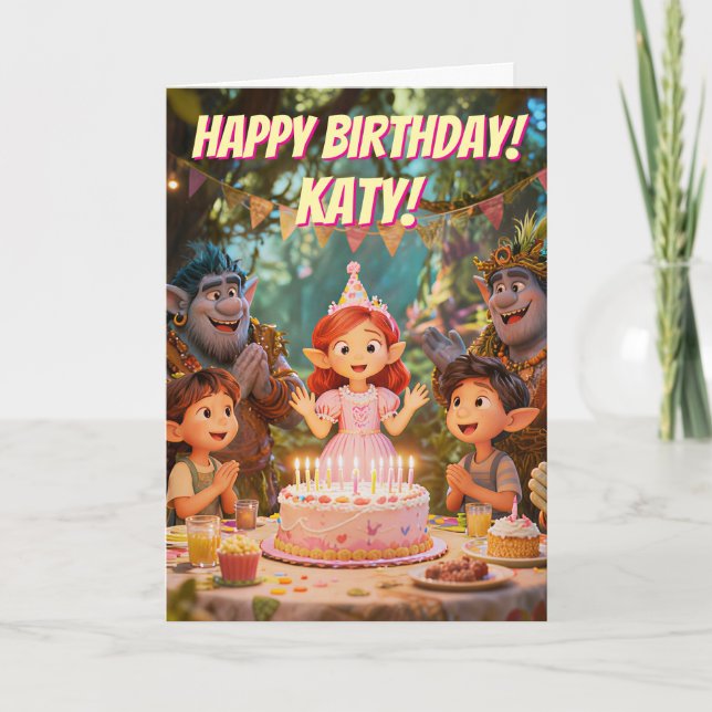 Tarjeta Fiesta de Cumpleaños de Trolls del Bosque Encantad (Anverso)