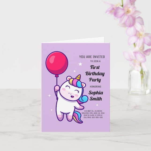 Tarjeta Fiesta de Cumpleaños de Unicornio Arcoíris Adorabl (Orquídea)