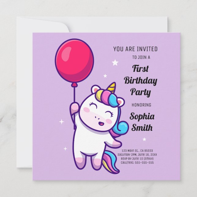 Tarjeta Fiesta de Cumpleaños de Unicornio Arcoíris Adorabl (Anverso)