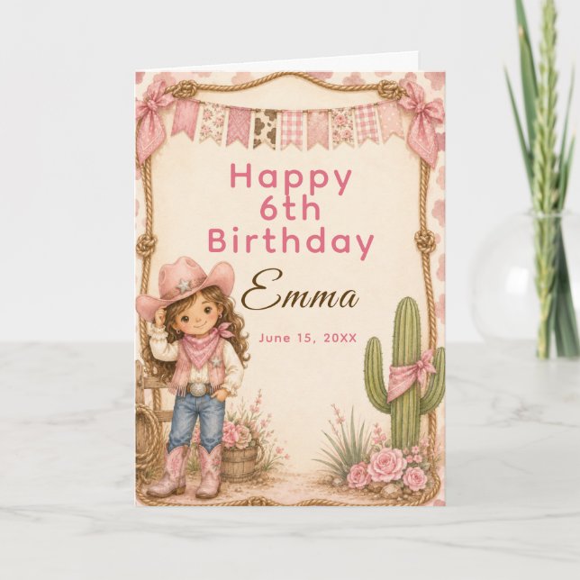 Tarjeta Fiesta de Cumpleaños de Vaquera Rosa (Anverso)