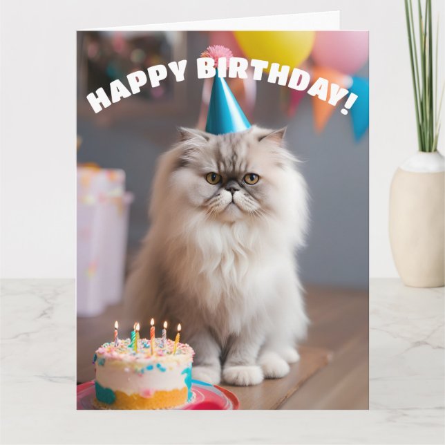 Tarjeta Fiesta de cumpleaños del gato persa (Anverso)