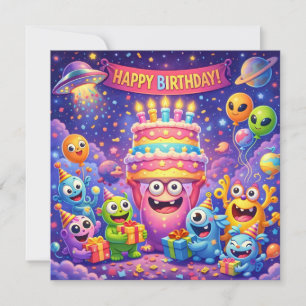Tarjeta Fiesta de Cumpleaños del Monstruo Espacial Colorid