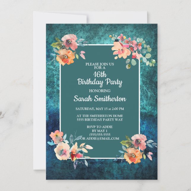 Tarjeta Fiesta de cumpleaños dieciséis Teal Rosa Flores Ra (Anverso)