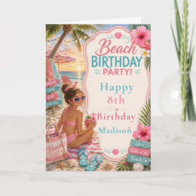 Tarjeta Fiesta de Cumpleaños en la Playa (Anverso)