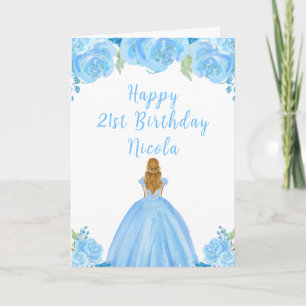 Tarjeta Fiesta de cumpleaños floral azul Blonde Hair Princ
