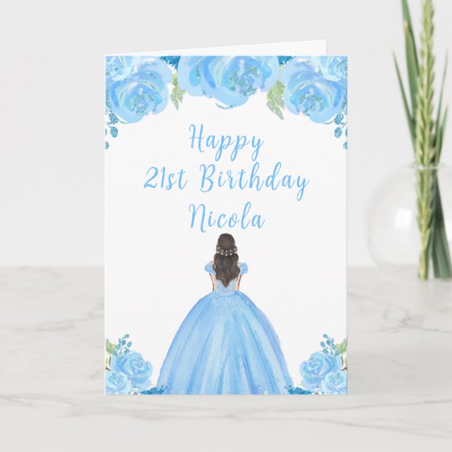 Tarjeta Fiesta de cumpleaños floral azul de la Princesa de (Anverso)