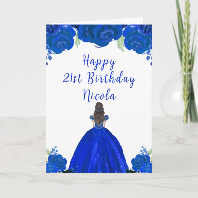 Tarjeta Fiesta de cumpleaños floral azul de la Princesa de (Anverso)