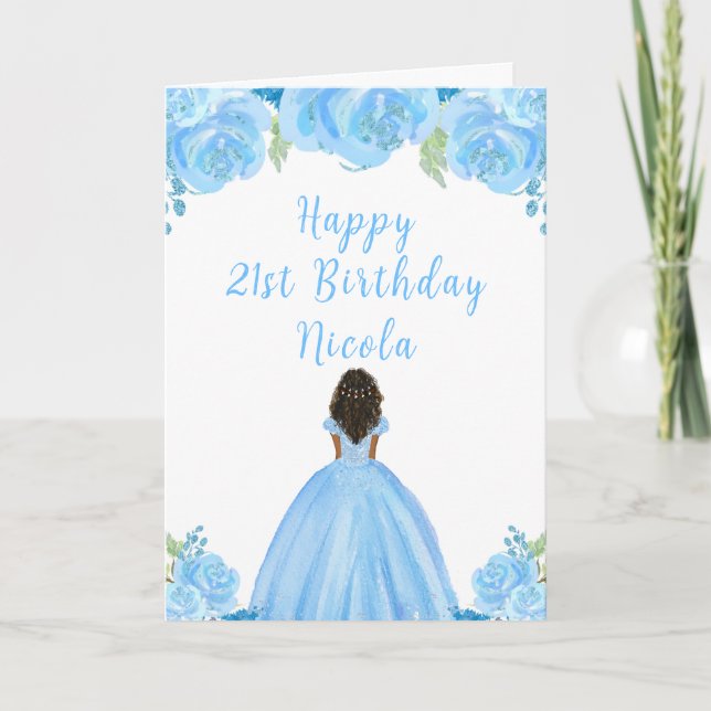 Tarjeta fiesta de cumpleaños floral azul de Princesa de Pi (Anverso)