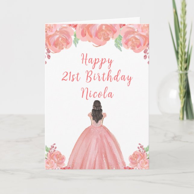 Tarjeta Fiesta de cumpleaños floral rosada de la princesa  (Anverso)