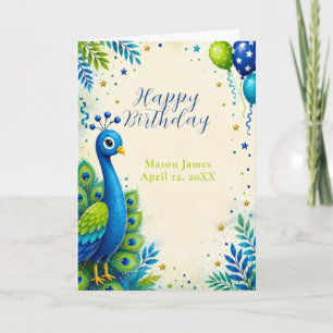 Tarjeta Fiesta de cumpleaños infantil Pavo Real Azul