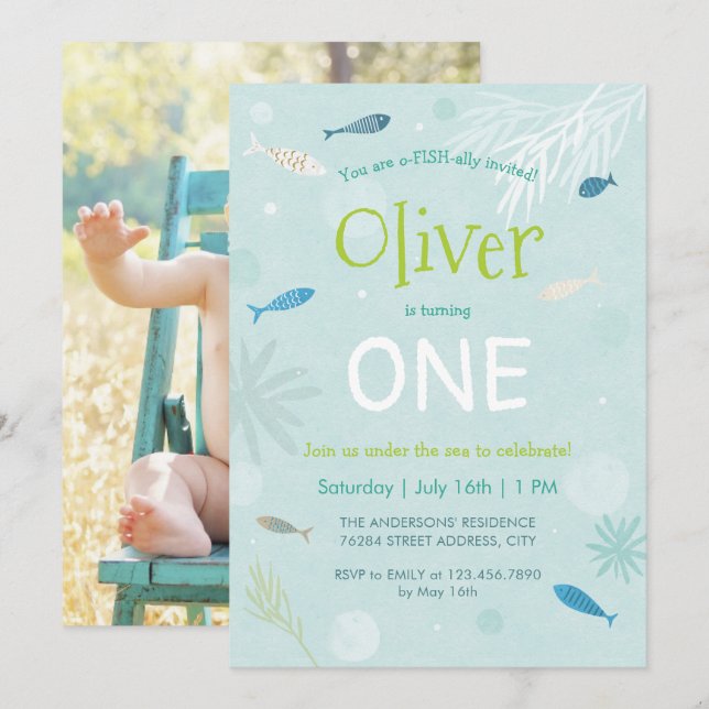 Tarjeta Fiesta de cumpleaños para niños de peces a (Anverso / Reverso)