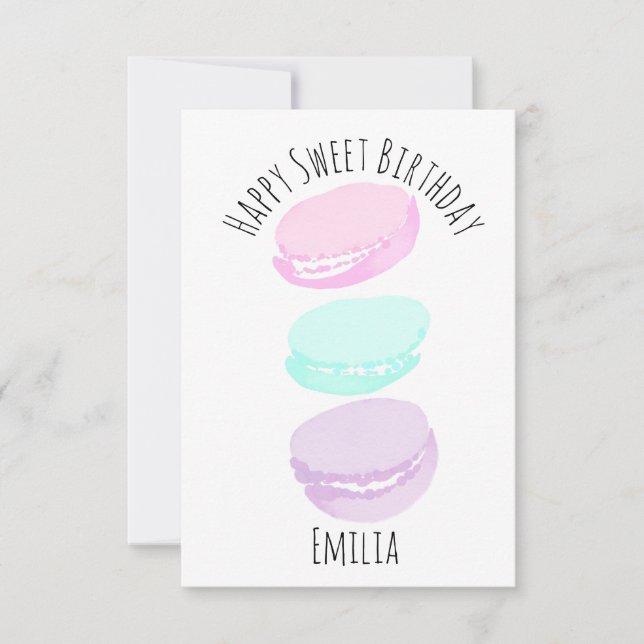 Tarjeta Fiesta de Cumpleaños Pastel Macarón Acuarela (Anverso)