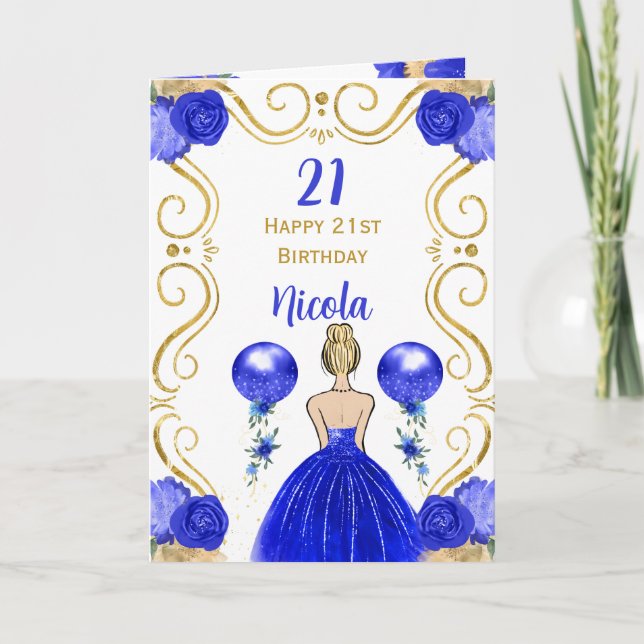 Tarjeta Fiesta de Cumpleaños Princesa Dorada Azul Feliz Cu (Anverso)