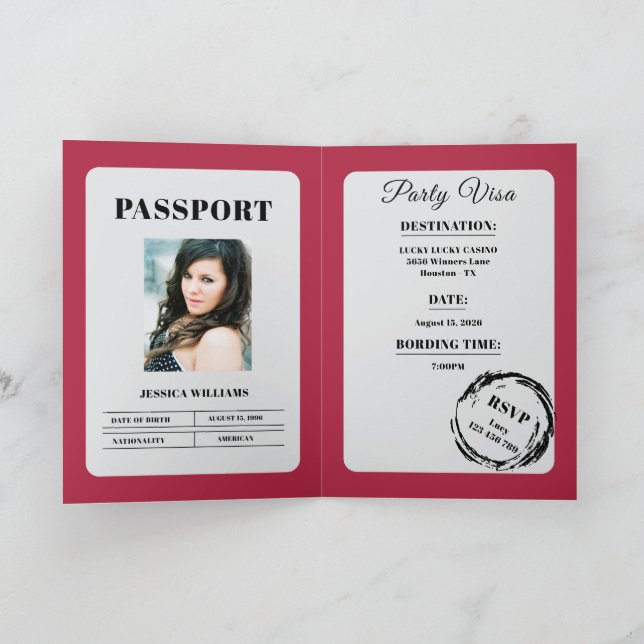 Tarjeta Fiesta de cumpleaños rosa estilo pasaporte (Interior)