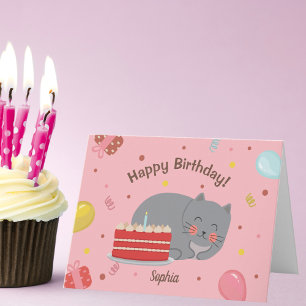 Tarjeta Fiesta de cumpleaños rosado de gato lindo Kitty