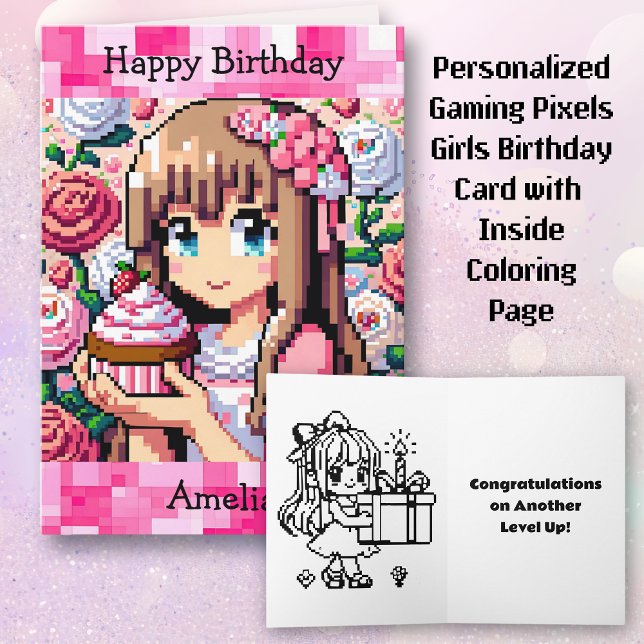 Tarjeta Fiesta de cumpleaños rosado del Chica de Arte Pixe (Subido por el creador)