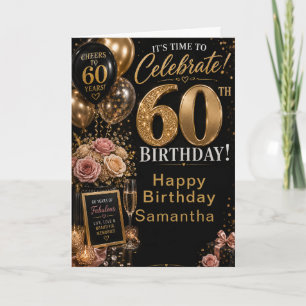 Tarjeta Fiesta de cumpleaños sesenta rosa oro negro