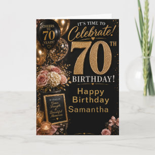 Tarjeta Fiesta de cumpleaños setenta rosa oro negro