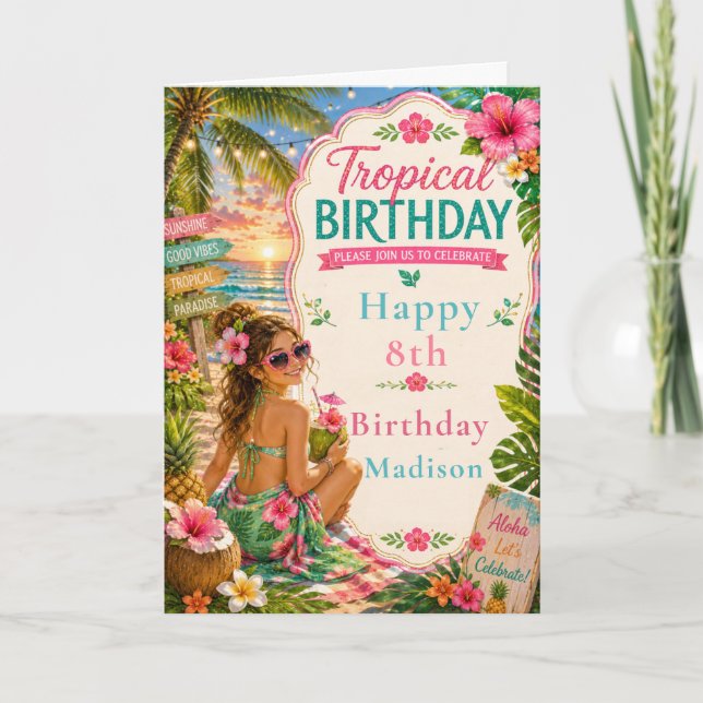 Tarjeta Fiesta de Cumpleaños Tropical (Anverso)