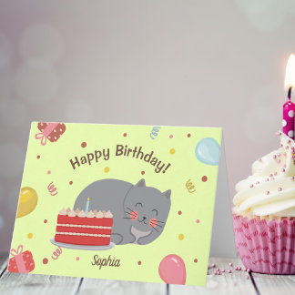 Tarjeta Fiesta de cumpleaños verde para un gato kittín