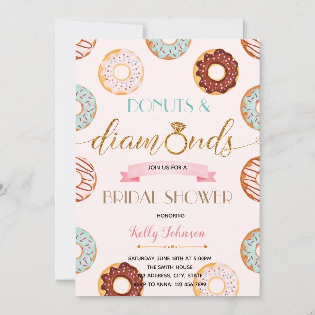 Tarjeta fiesta de donuts y de ducha de novia con d (Anverso)