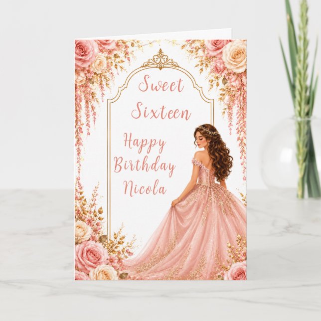 Tarjeta Fiesta de Dulces Dieciséis de Rosa Rubor Oro Flora (Anverso)
