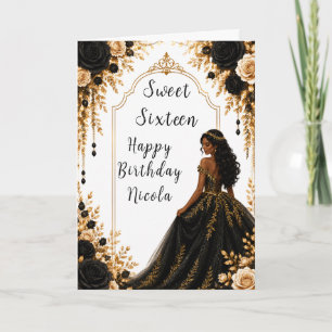 Tarjeta Fiesta de Dulces Dieciséis Floral Negro y Dorado