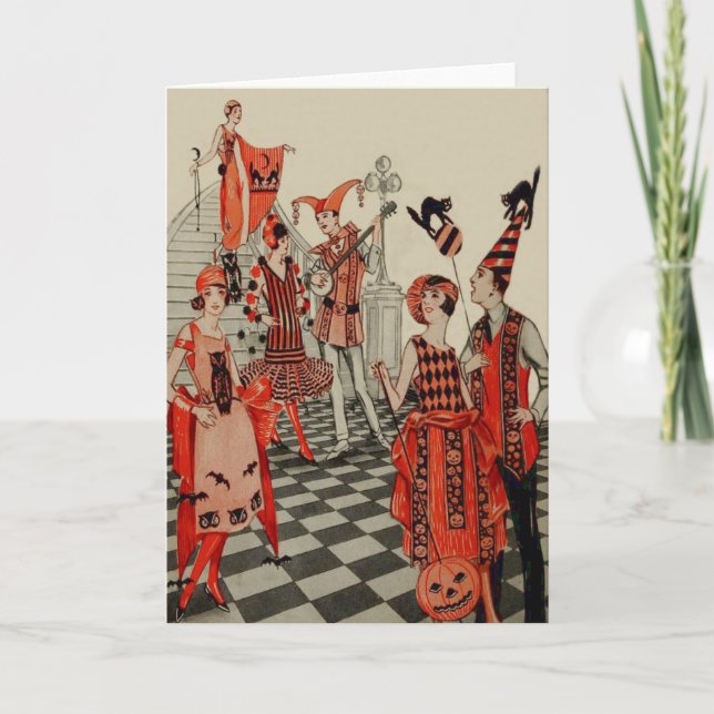 Tarjeta Fiesta de Halloween Art Deco Gato Negro Búho Murci (Anverso)