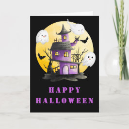 Tarjeta Fiesta de Halloween con casa y fantasmas perdidos