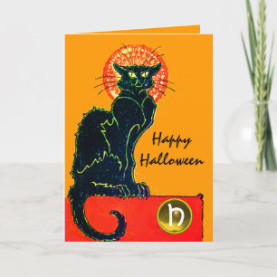 TARJETA FIESTA DE HALLOWEEN DEL GATO NEGRO CON MONOGRAMA