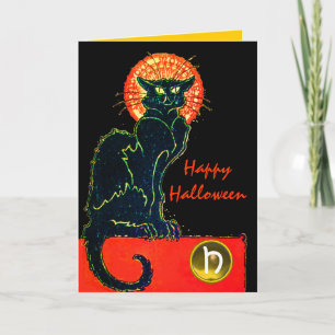 TARJETA FIESTA DE HALLOWEEN DEL GATO NEGRO CON MONOGRAMA