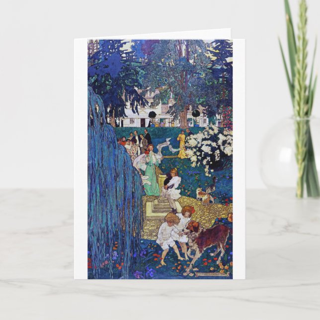 Tarjeta Fiesta de jardín con perro y gato, Jessie Willcox  (Anverso)