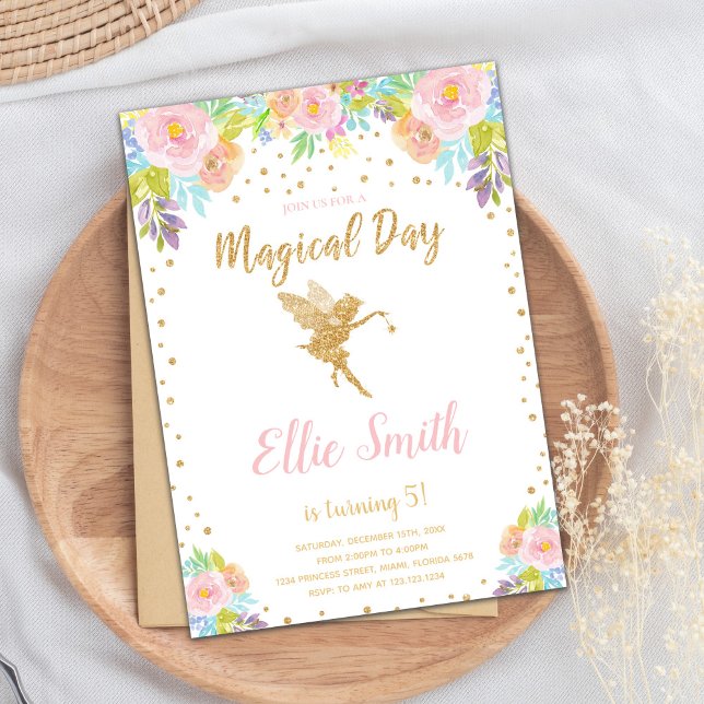 Tarjeta Fiesta de jardín encantada (Floral Pink Magical Fairy Birthday Invitations)