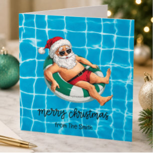 Tarjeta Fiesta de Piscina con Papá Noel para Navidad en Ju