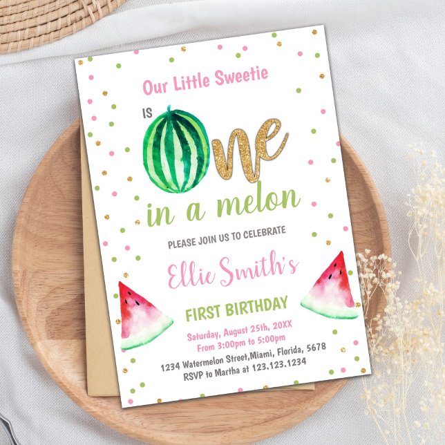 Tarjeta Fiesta de verano de uno en melón para Chic (Watermelon Invitation, Watermelon Birthday Invitation)
