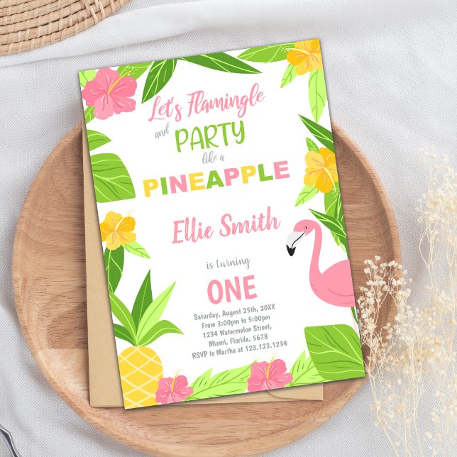 Tarjeta Fiesta de verano tropical para Chicas (Flamingo & Pineapple Birthday Invitations)