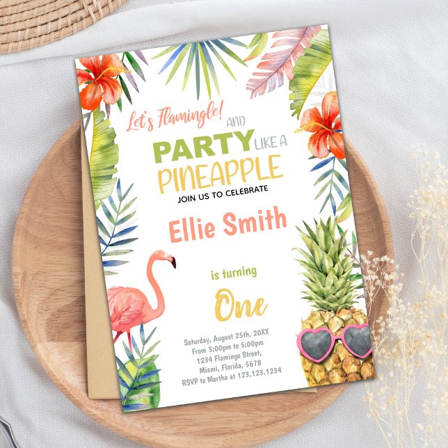 Tarjeta Fiesta de verano tropical para Chicas (Red Flamingo & Pineapple Birthday Invitations)