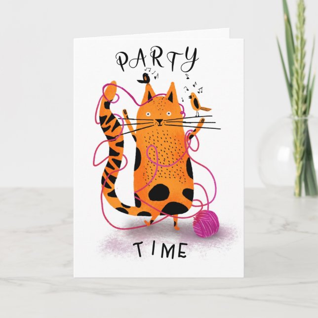 Tarjeta fiesta del gato jengibre moggy knequing (Anverso)