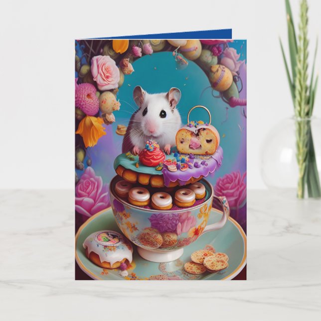 Tarjeta Fiesta del Té de Hámster Sirio Blanco con Donas CU (Anverso)