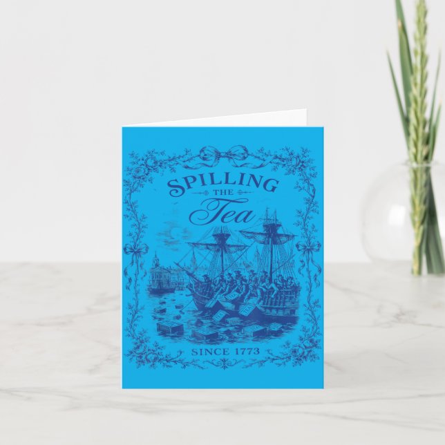 Tarjeta Fiesta del Té de Toile Azul Derramando El Té Desde (Anverso)