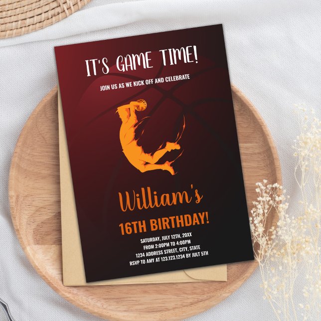 Tarjeta Fiesta deportiva para niños con acción (Orange Jump Basketball Birthday Invitations)