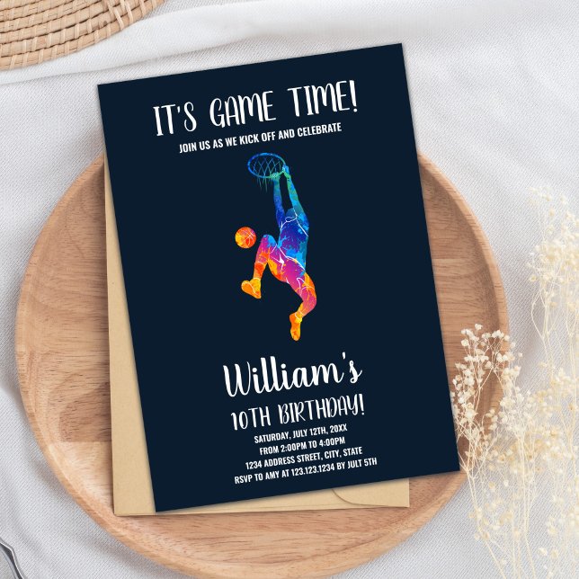 Tarjeta Fiesta deportiva para niños con bolas arco (Basket Colors Basketball Birthday Invitations)