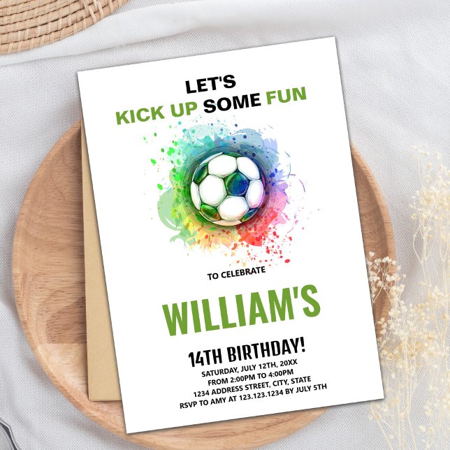Tarjeta Fiesta deportiva para niños con bolas y go (Watercolor Soccer Birthday Invitations)
